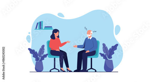 Female psychologist or therapist having a counseling session with a troubled elderly male patient in a comfortable office setting.