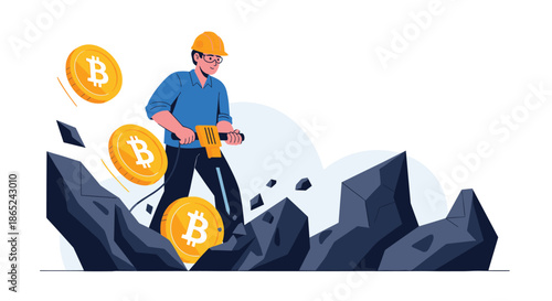 Young man in a hard hat using a jackhammer to mine for golden bitcoins, illustrating the process of cryptocurrency mining.