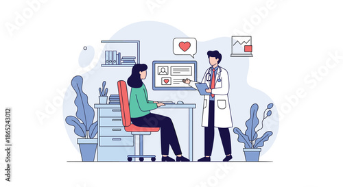 Male doctor showing a female patient her health information on a computer screen in a modern medical office with plants.