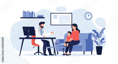 Male doctor consulting with a mother and her young child, who is sitting on her lap in a modern medical clinic office.