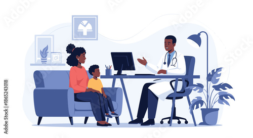 Black male pediatrician consulting with a mother and her young son in a comfortable and modern doctor's office environment.
