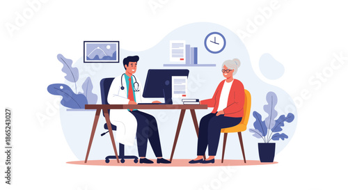 Male doctor sitting at his desk with a computer and consulting with an elderly female patient in a modern clinic office.