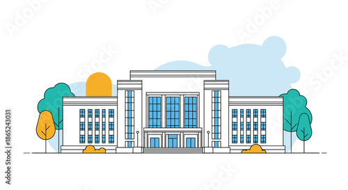 Modern line art illustration of a large public building, such as a university, library, or courthouse, with trees and a sun.