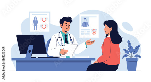 Friendly male doctor explaining test results from a clipboard to a female patient during a consultation in his modern and bright clinic office.