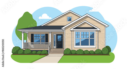 Charming suburban one-story house with a porch, surrounded by green grass, bushes, and trees on a clear day with blue sky.