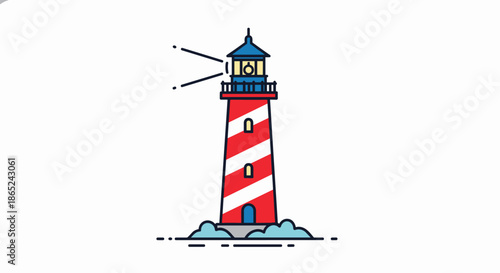 Simple and clean line art icon of a classic red and white striped lighthouse shining its beam of light, isolated on a plain white background.