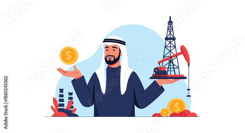 Successful Arab businessman in traditional dress holding an oil derrick and a gold dollar coin, symbolizing wealth from the petroleum industry.
