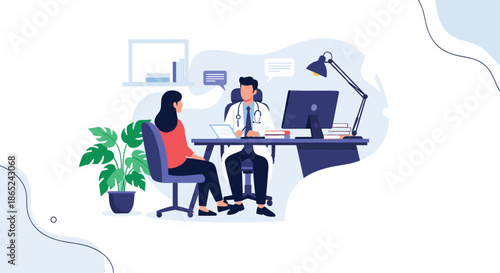 Male doctor in a white coat consulting with a female patient sitting at his desk in a modern medical clinic or hospital office setting.