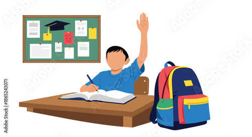 Young student sitting at a desk in a classroom with his hand raised to answer a question, eager to participate in the school lesson.