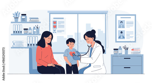 Female pediatrician using a stethoscope to check a young boy's heartbeat during a medical appointment, with the child's mother providing support.