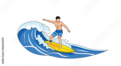 Athletic young man with a toned physique riding a large, cresting blue ocean wave on a yellow surfboard, enjoying an extreme water sport.