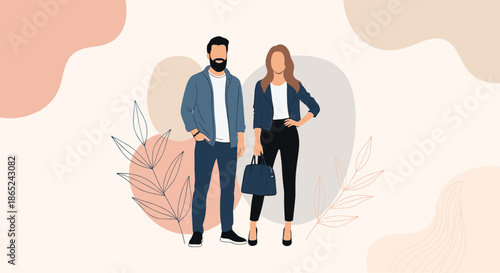 Stylish and modern young couple, a man with a beard and a woman with a handbag, posing together on an abstract background with botanical elements.