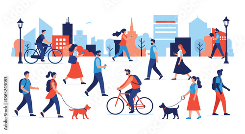 Diverse group of people enjoying outdoor activities in a city park, including walking, cycling, and walking dogs, with a modern city skyline background.
