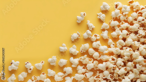 Scattered popcorn kernels on a vibrant yellow background for cinema snack or movie night advertising with ample copy space with snack food and entertainment