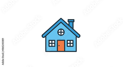 Simple and colorful cartoon icon of a blue house with a chimney and an orange door, representing home, property, and real estate concepts.