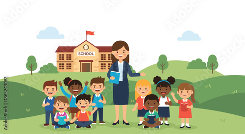 Happy female teacher standing with a diverse group of elementary school students on a green lawn in front of the classic school building.