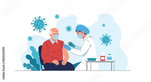 Medical professional administering a Covid-19 vaccine to an elderly man to provide immunization and protection during the coronavirus pandemic.