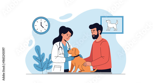 Female veterinarian in a clinic examining a cute golden retriever dog on a table while its concerned male owner looks on with care.