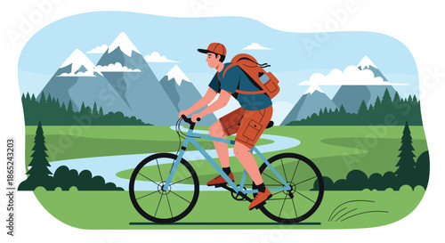 Young man with a backpack enjoying a bike ride on a scenic trail with mountains, a river, and a forest in the background.