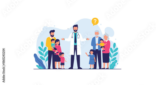 Friendly male family doctor standing with open arms, welcoming multi-generational families with children and grandparents for a medical consultation.