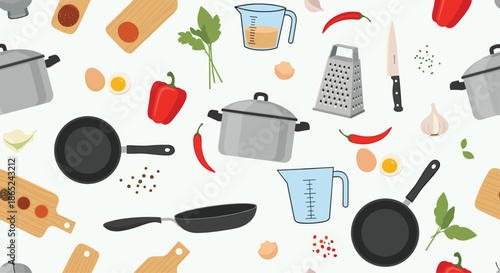 Seamless pattern background with various kitchen utensils and food ingredients like pots, pans, knives, and fresh vegetables for a cooking theme.