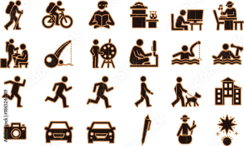 Daily Activity Silhouette Icons Pack for Outdoor Sports, Work and Routine Infographics