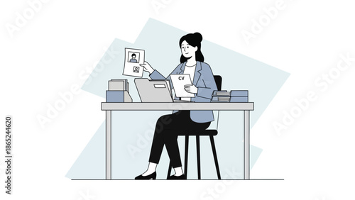 Hiring Manager Reviews Resumes at Desk, Job Application Process