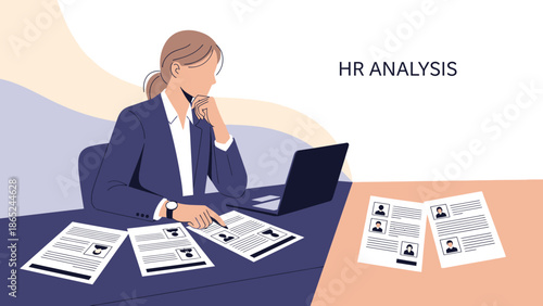HR professional analyzing resumes at desk with laptop and documents, HR analysis concept