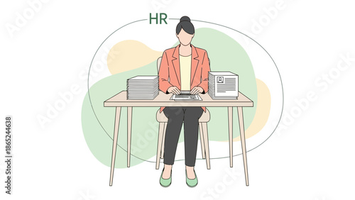 HR professional at desk with resumes and documents, human resources concept