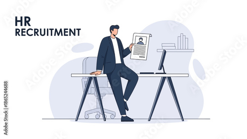 HR Recruitment Manager Reviewing Resume at Office Desk with Computer