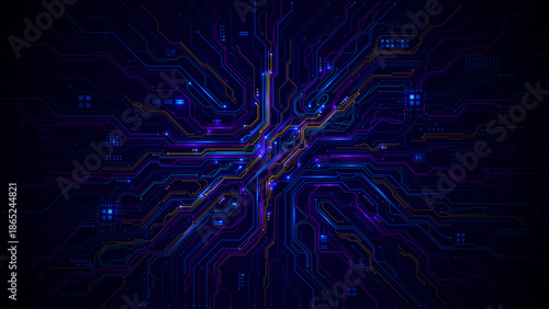 Abstract tech background with glowing circuit board patterns and flowing blue digital lines creating futuristic cyber network design for AI technology concepts. Digital vector illustration 