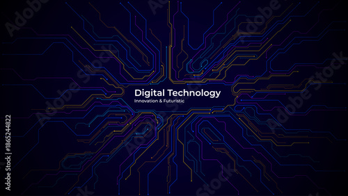 Futuristic technology background featuring intricate circuit patterns in blue purple tones. Digital network design with empty center area for text placement. Digital vector illustration