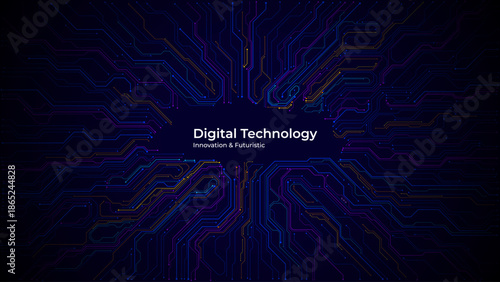  Purple and blue digital circuit board design with central copy space. Glowing network lines form futuristic pattern perfect for AI, data science, and innovation projects. Digital vector illustration