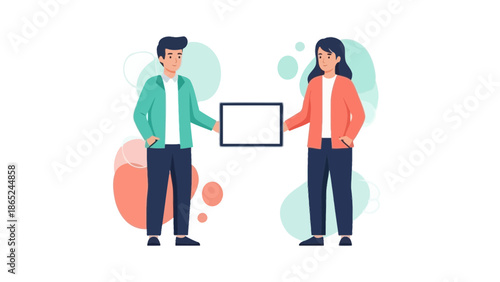 Man and woman holding blank tablet screen, modern flat illustration, digital marketing concept