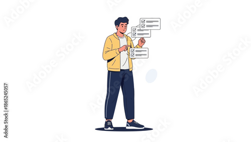 Man checking off tasks on a checklist, illustration of productivity and organization