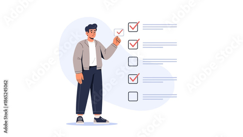 Man checking off tasks on a to-do list, modern flat illustration