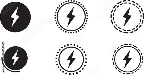 Black and white lightning bolt in various circular frames dotted lines dashed lines