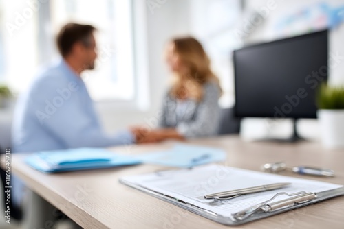 Selective focus on a clipboard with a document on an office desk. Doctor and patient in consultation in a blurred background