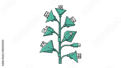 A vector graphic illustration of a green USB hub with multiple ports and cables