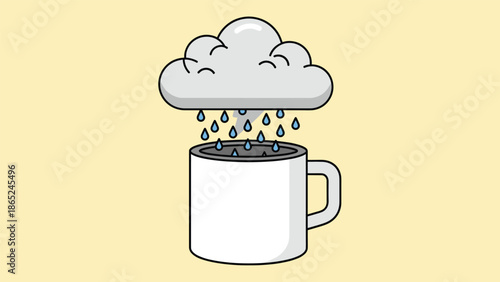 A vector graphic illustration of a white coffee mug with rain pouring into it from a grey cloud