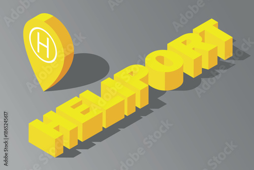 Bright yellow 3D “Heliport” lettering with a location pin and H symbol on a gray background, representing helicopter landing zones, air transport, and aviation navigation concepts.