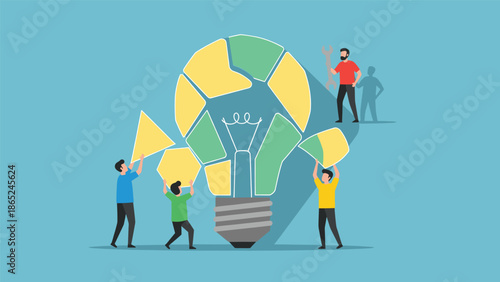 A team of people working together to build a large lightbulb puzzle