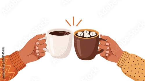 Two hands holding mugs of hot chocolate, one plain and one with marshmallows, toasting against a white background.