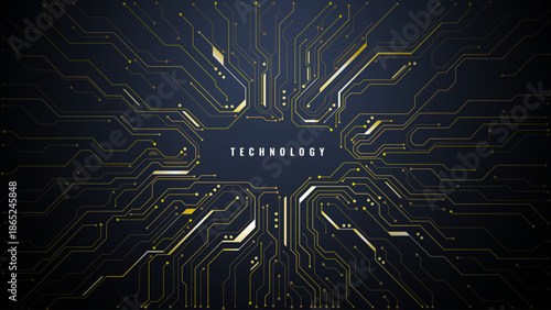 Luxurious gold semiconductor background showcasing intricate circuit patterns. Modern tech design with centered text block, perfect for AI and digital technology concepts. Digital vector illustration 