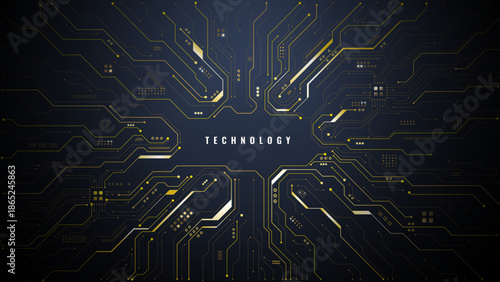 Gold circuit board background with central text space. Futuristic semiconductor pattern features AI technology elements and digital network lines in luxury design. Digital vector illustration 