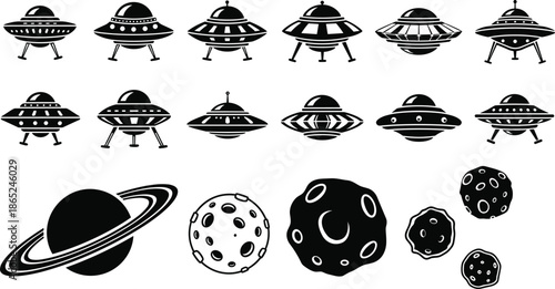 Black and white UFOs flying with planets and moons in space