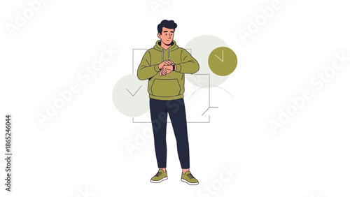 Man checking smartwatch, time management concept, modern illustration