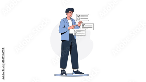Man checking tasks on a digital checklist, modern illustration, business concept