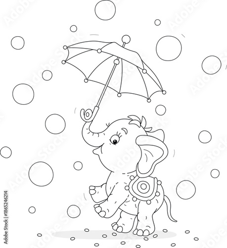 Cute baby elephant playing with a striped umbrella among flying soap bubbles at a funny holiday, black and white outline vector cartoon illustration for a coloring book