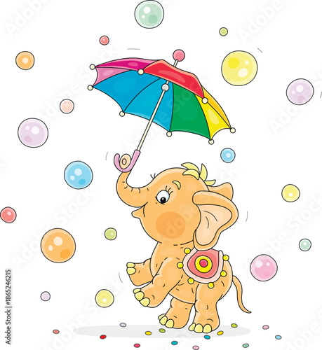 Cute baby elephant playing with a colorful striped umbrella among flying soap bubbles at a funny holiday, vector cartoon illustration on a white background
